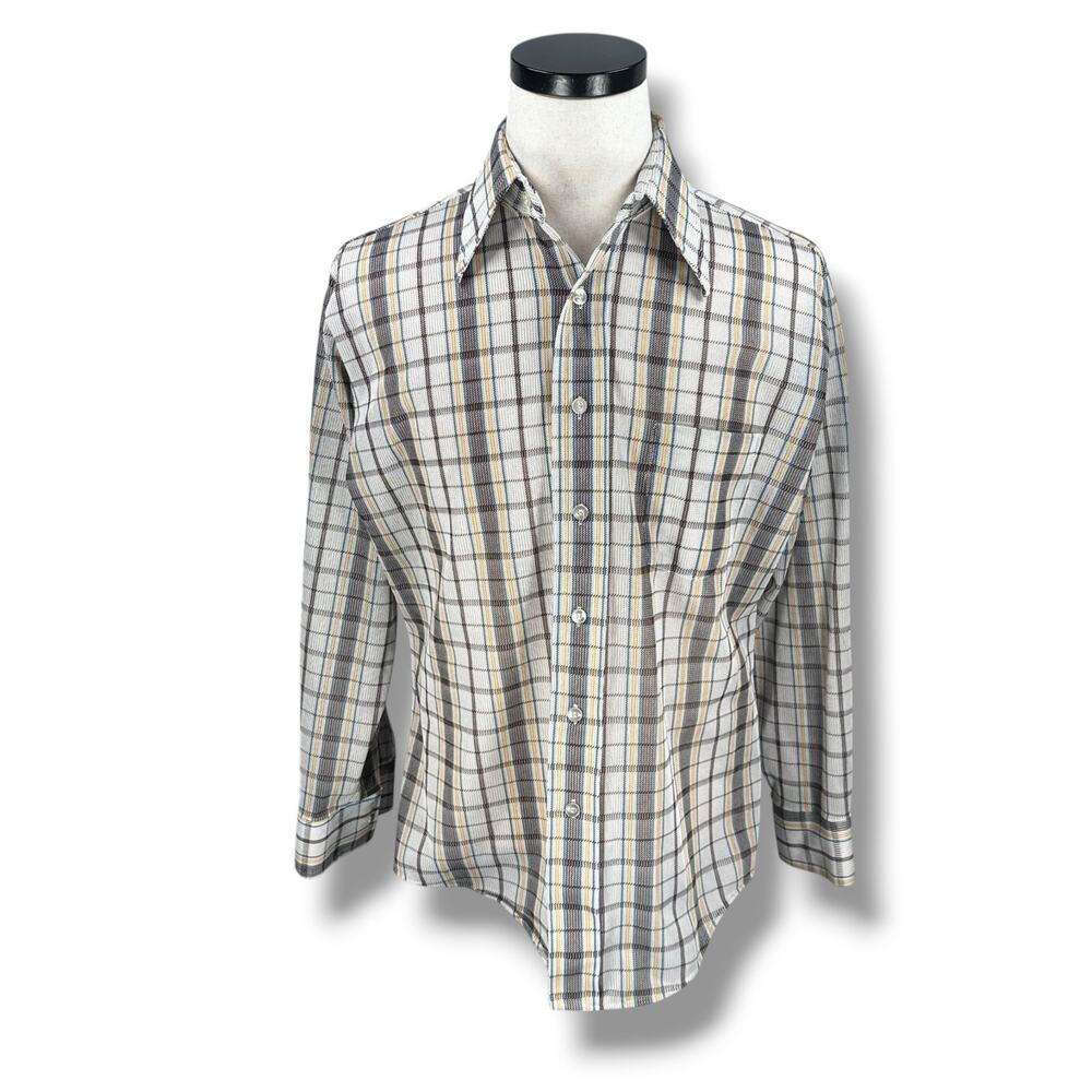 Vintage BVD XKE‎ Disco Shirt Mens Large Multi Plaid Pointed Dagger Collar Button